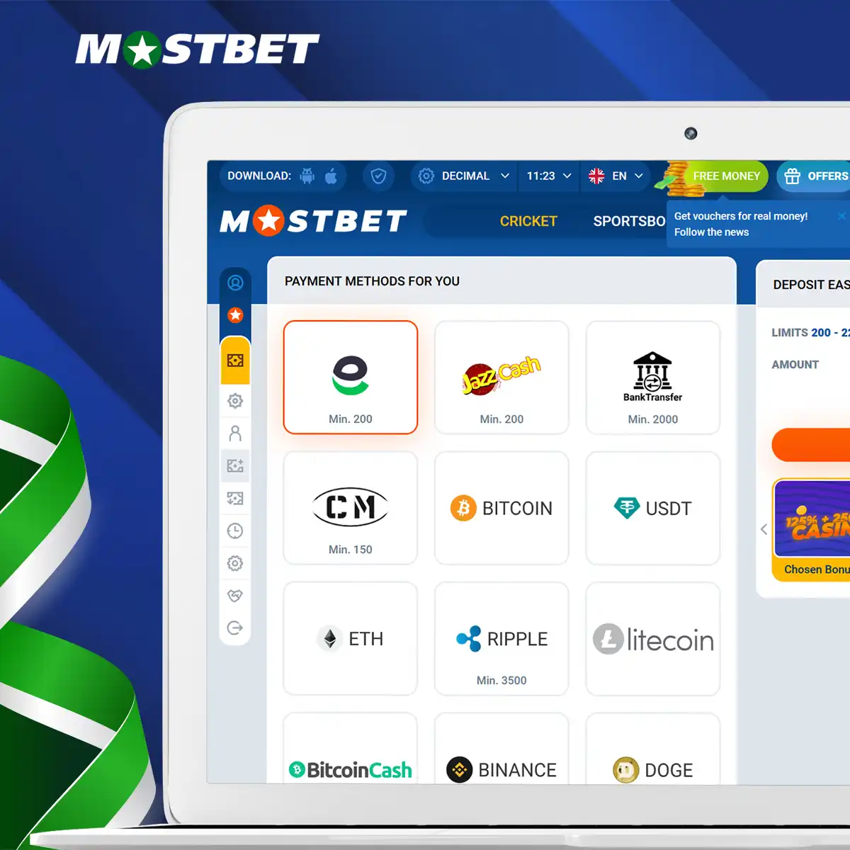 Payment methods available to Pakistani players at Mostbet